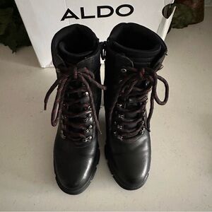 Aldo Black Tipula Lace-Up Chunky Heel Boots With Extra Neon Yellow Laces